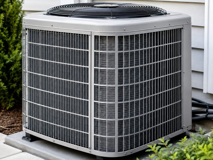 High-efficiency central air conditioner condenser unit installed outside a home