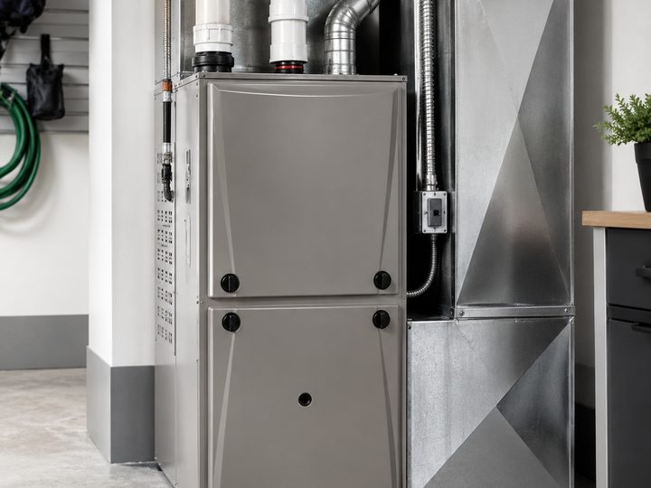 High-efficiency gas furnace and sheet metal ductwork installed in a home garage