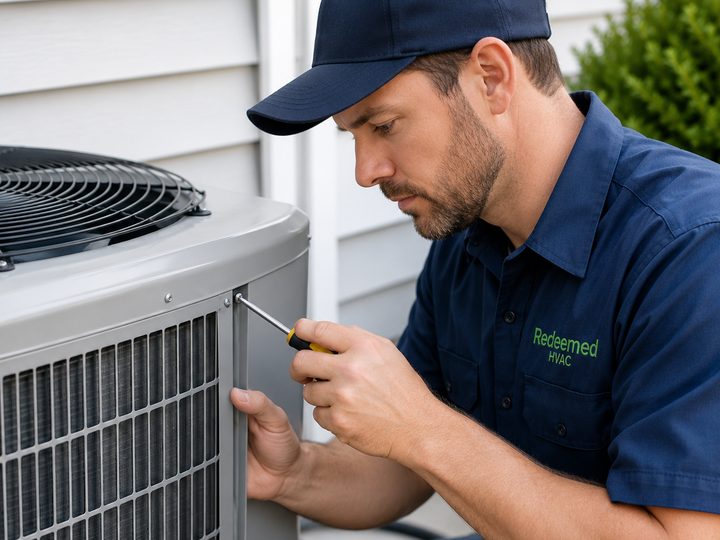 Redeemed HVAC technician servicing an air conditioner condenser during a maintenance visit