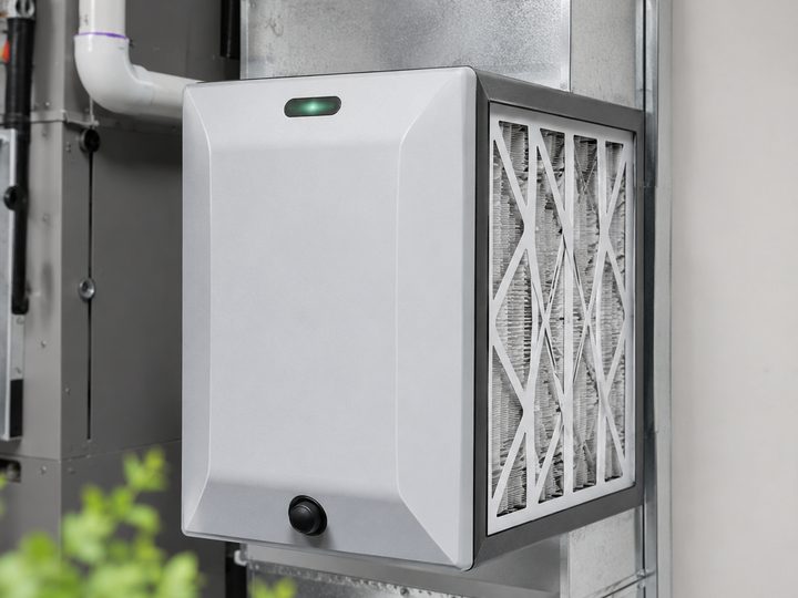 Whole-home air cleaner with a pleated media filter mounted on the ductwork