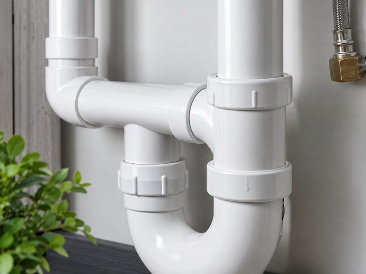New white PVC P-trap and drain pipework under a sink