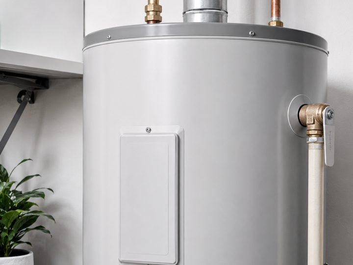 Residential storage water heater with copper supply lines and shut-off valve